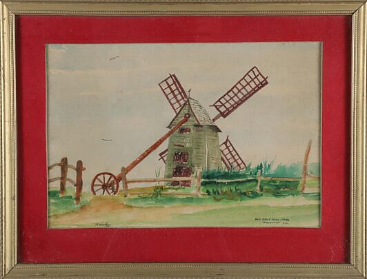 R. Woodbury Watercolor "Old Grist Mill, Nantucket",