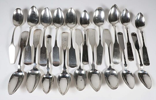 Group of 12 American Coin Silver Tablespoons and 4 German Spoons various makers, 19th Century