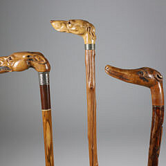 Three Carved Wood Whippet Dog Head Canes, 19th Century