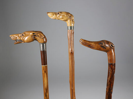 Three Carved Wood Whippet Dog Head Canes, 19th Century