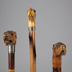 Three Carved Wood Whippet Dog Head Canes, 19th Century