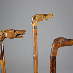Three Carved Wood Whippet Dog Head Canes, 19th Century