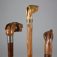 Three Carved Wood Whippet Dog Head Canes, 19th Century