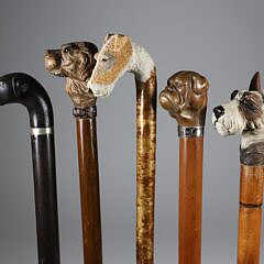 Collection of Five Carved Wood Various Dog’s Heads Walking Sticks