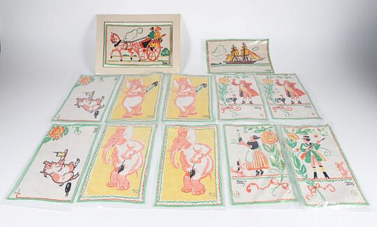 Twelve Vintage Tony Sarg (1880-1942) Whimsical Printed Linen Table Napkin