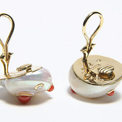 Trianon 18k Yellow Gold, Diamond, Coral, Mother of Pearl Shell Clip Earrings