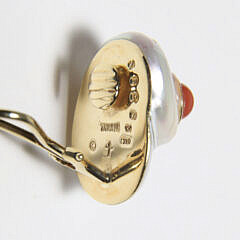 Trianon 18k Yellow Gold, Diamond, Coral, Mother of Pearl Shell Clip Earrings
