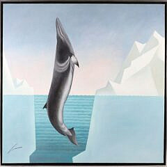 Lowell Herrero Oil on Canvas "Whale Breaching Near Icebergs"