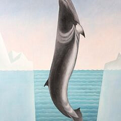 Lowell Herrero Oil on Canvas “Whale Breaching Near Icebergs”