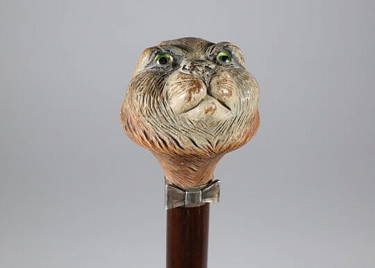 Carved Polychrome Wood Cat Head Grip Walking Stick, 19th Century
