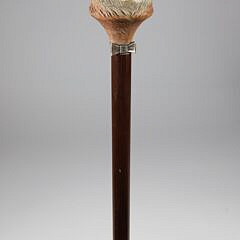 Carved Polychrome Wood Cat Head Grip Walking Stick, 19th Century