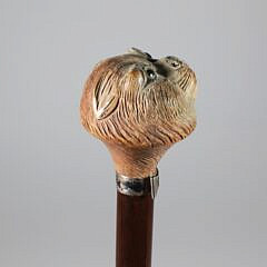 Carved Polychrome Wood Cat Head Grip Walking Stick, 19th Century