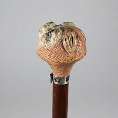 Carved Polychrome Wood Cat Head Grip Walking Stick, 19th Century