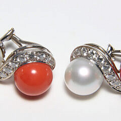 18k White Gold Seaman Schepps Pearl, Diamond, and Coral Clip Earrings