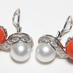 18k White Gold Seaman Schepps Pearl, Diamond, and Coral Clip Earrings