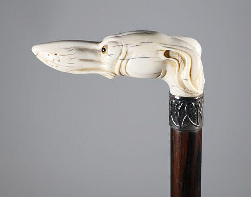 Carved Whippet Dog Head Grip Cane, 19th Century