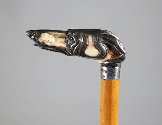 Silver Overlay Whippet Dog Head Cane, 19th Century