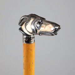 Silver Overlay Whippet Dog Head Grip Cane, 19th Century
