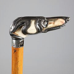 Silver Overlay Whippet Dog Head Grip Cane, 19th Century