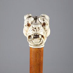 Carved Bulldog Bearing Teeth Walking Stick, 19th Century