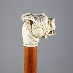 Carved Bulldog Bearing Teeth Walking Stick, 19th Century