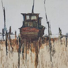 Mid Century Modern Roy Bailey Nantucket Painting “Abandoned Boat #9”