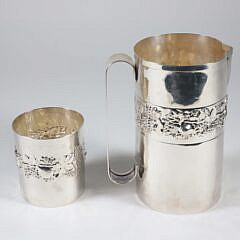 Two Sterling Silver Tumblers and Water Pitcher