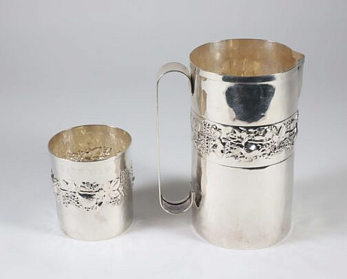 Two Sterling Silver Tumblers and Water Pitcher