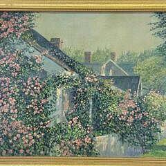 Jack Eastman Brown Nantucket Painting “Rose Covered Sconset Cottages”