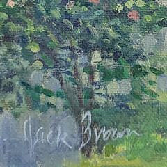 Jack Eastman Brown Nantucket Painting “Rose Covered Sconset Cottages”