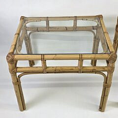 Pair of Vintage Bamboo and Rattan Glass Top Table End Tables, 20th century