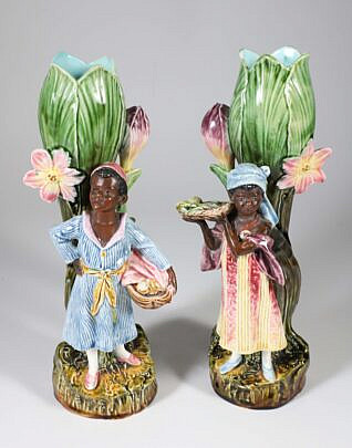 Pair of Majolica Blackamoor Figural Floral Vases