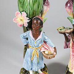 Pair of Antique Majolica Blackamoor Figural Floral Vases of Boy and Girl
