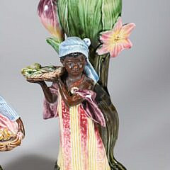 Pair of Antique Majolica Blackamoor Figural Floral Vases of Boy and Girl