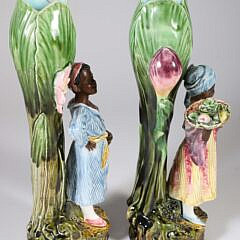 Pair of Antique Majolica Blackamoor Figural Floral Vases of Boy and Girl