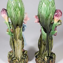 Pair of Antique Majolica Blackamoor Figural Floral Vases of Boy and Girl