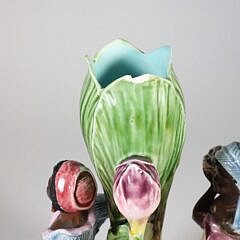 Pair of Antique Majolica Blackamoor Figural Floral Vases of Boy and Girl