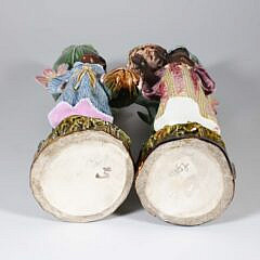 Pair of Antique Majolica Blackamoor Figural Floral Vases of Boy and Girl