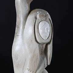 Ronald “Qay” Apangolook Whale Bone Totem Sculpture of a Lady and Two Seals