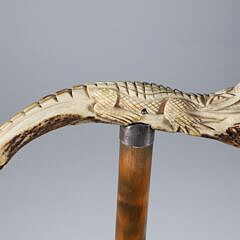 Carved Horn Alligator Tugging on Child’s Coattails Cane, 19th Century