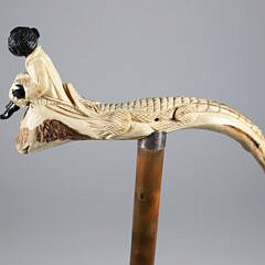 Carved Horn Alligator Tugging on Child’s Coattails Cane, 19th Century