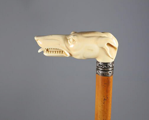 Carved Whippet Dog Head Grip Cane, 19th Century