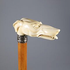 Carved Whippet Dog Head Grip Cane, 19th Century