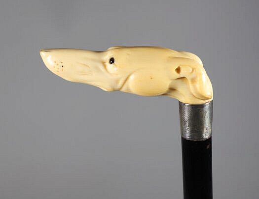 Carved Whippet Dog Head Grip Cane, 19th Century