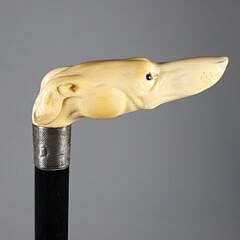 Carved Whippet Dog Head Grip Cane, 19th Century