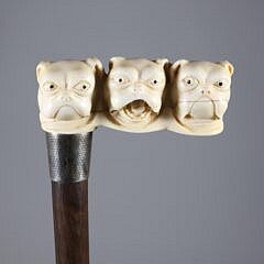 Carved Triple Bull Dog Head Cane, 19th Century