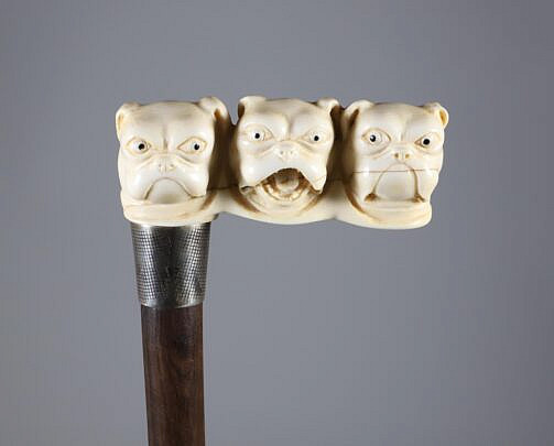 Carved Triple Bull Dog Head Cane, 19th Century