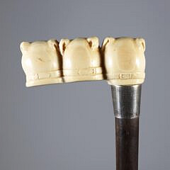 Carved Triple Bull Dog Head Cane, 19th Century