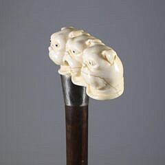 Carved Triple Bull Dog Head Cane, 19th Century