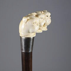 Carved Triple Bull Dog Head Cane, 19th Century